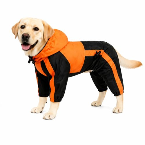 Lovelonglong Dog Hooded Raincoat, Large Dog Rain Jacket Poncho Waterproof Clothes with Hood Breathable 4 Feet Four Legs Rain Coats for Small Medium Large Pet Dogs Orange L-L