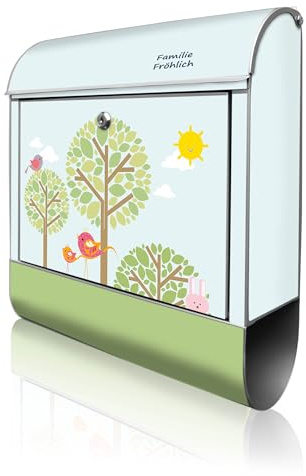 banjado Design Briefkasten personalisiert 38,5x46,5x13cm & 2 Schlüssel - Briefkasten Stahl Silber Zeitungsfach pulverbeschichtet - Postkasten A4 Einwurf inkl. Montagematerial - Motiv DREI Bäume