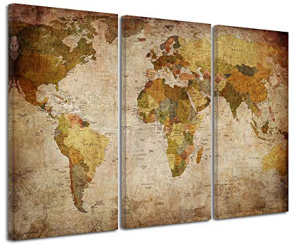 Declina Großformat, Kunstdruck auf Leinwand Bilder, Dekoration für Wohnzimmer, modernes Leinwand Bilder, Triptychon Vintage Weltkarte, 90 x 60 cm, Braun, Leinen, braun, 120x80 cm