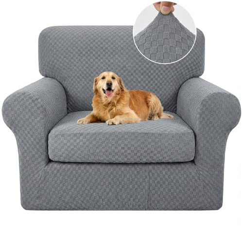 YEMYHOM Latest Checkered 2 Pieces Chair Covers for Living Room High Stretch Thickened Chair Slipcovers with Arms Anti Slip Elastic Armchair Sofa Couch Protector (Light Gray), 31-46(1 Cushion)