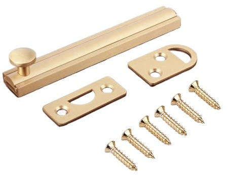 Oberflächenriegel, 1 Stück, Messing-Türriegel, einfaches Zylinderschloss für Zimmer, Fensterschlösser, Toilettentor und Schuppentüren (102 mm x 15 mm, gebürstetes Gold)