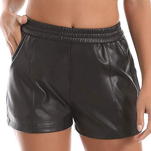 Everbellus Mujer Elásticos Cintura Suelto Cortos con Bolsillos Cuero Pantalones Cortos Negro X-Large