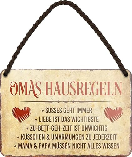 schilderkreis24 - Blechschild Sprüche für Oma & Opa – Geschenk zum Ruhestand, Geburtstag & Eltern (Omas Hausregeln 18x12cm)