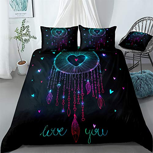 Chanyuan Traumfänger Bettbezug Liebe Muster 135x200 cm, 2 Teilig Schwarz Bettwäsche Set Mädchenbettwäsche Kinderbettwäsche Weich Mikrofaser Exotisch Stil Federn mit Reißverschluss