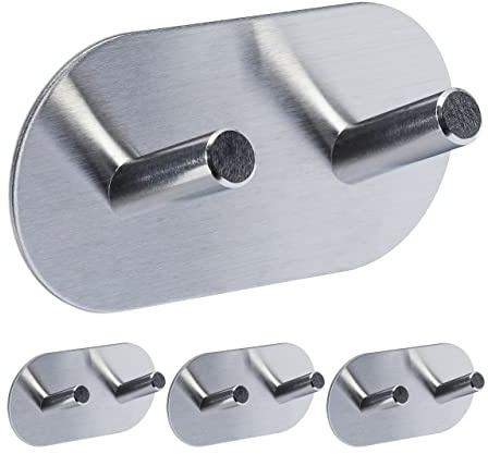 Relaxdays Handtuchhaken selbstklebend, 4er Set, Doppelhaken für Handtücher, Edelstahl, Bad, Küche, HBT 5x10x3 cm, silber