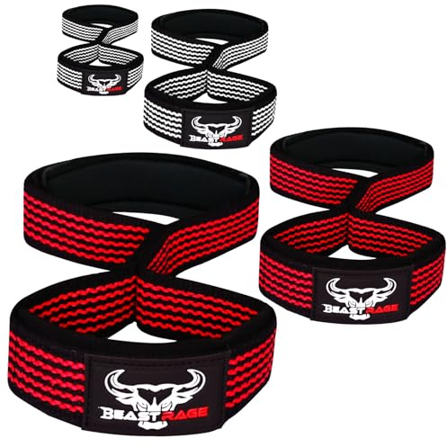 BEAST RAGE Figur 8 remmar för tyngdlyftning Professionellt vadderat stöd Fitness Deadlift Powerlifters Bomullsremmar Gym Handledsremmar (Black/Red)