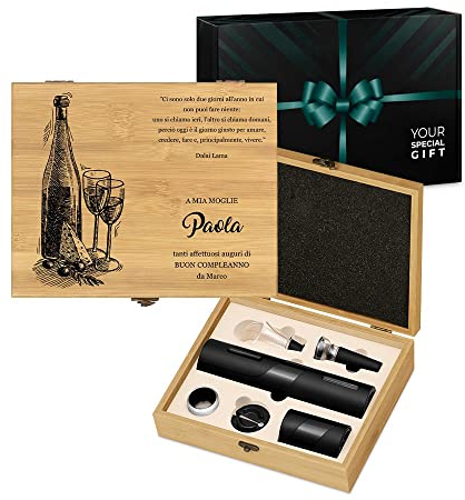 Maverton Apribottiglie Elettrico - Set di Accessori da Vino + Stappa Birra - 6 Pezzi - Personalizzazione Stampata - Scatola in Legno di Bambù - Misure 27x22x7cm - per Lei - Bottiglia