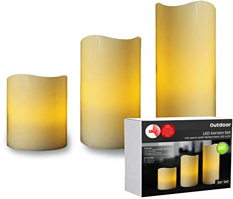LED Universum - Outdoor LED Kerzen 3er Set weiß mit 5h Timer 10cm 15cm 20cm mit Ein/Ausschalter, batteriebetrieben mit jeweils 2 x AA (exkl.) für Balkon Garten Terrasse Party Grillabend (1 Set)
