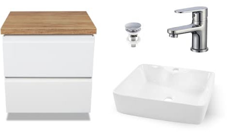 VBChome Badmöbel 50 cm Weiß Aufsatzwaschbecken mit Hahnloch und Armatur 41x31 cm Aufsatzwaschtisch mit Waschbeckenunterschrank 2 Schubladen Moduo Badezimmerschrank Modern