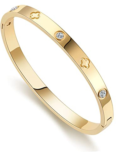 RIMRIVA 18K Gold-plated Bangle Bracelets for Women Love Gifts Clover Bracelet Stainless Steel Crystal Jewelry Birthday Her Anniversary Wedding Christmas Gifts Mom Wife Girlfriend Friends