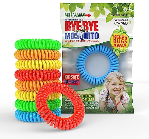 Bye Bye Mosquito Bracelets 10 Pack Individually Wrapped, DEET Free, Natural and Waterproof Bracelet Bands for Kids & Adults Indoor Outdoor Camping Fishing Traveling, Neon