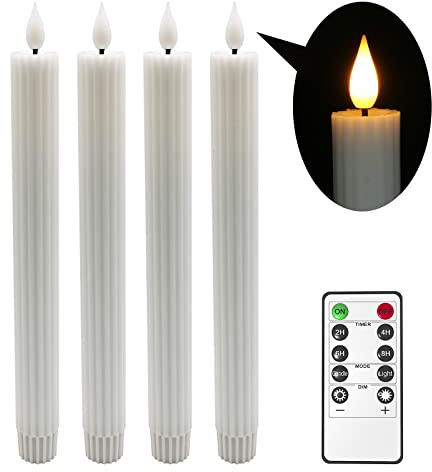 Yme 4er Set Echtwachs LED Stabkerzen mit Fernbedienung und Timer, Weiß | Elektrische LED Kerzen mit Timerfunktion, Flackernd & Dimmbar, für Wohnzimmer Hochzeit Tisch Halloween Weihnachten Deko