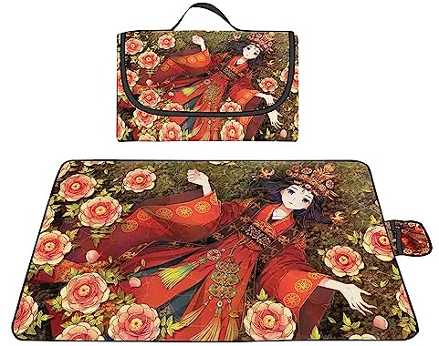 Picknickdecke 200x300cm,XXL Picknickdecke mit Wasserdichter Unterseite,Outdoor Stranddecke Sandfrei,mit Tragegriff Faltbare Picnic Blanket für Camping,Strand,Park,Familie,Konzerte Anime Mädchen Blume