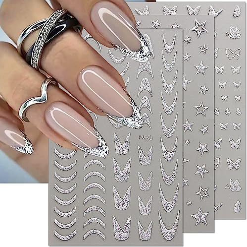 3D Glitter Silber French Nail Sticker,8 Blätter Schmetterling Nagelsticker Selbstklebend Stern Nagelaufkleber Herz Nagel Stickers French Nails Wellen Linien Nail Art Stickers Nagelfolie Nageldesign