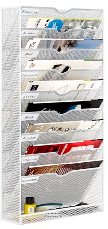 PAG-Mass 10 Fächern Wandorganizer Hängend Dokumentenablage,Metall Zeitschriftenhalter Wand für Büro/Zuhause/Schule,Gibt Ein Zusätzliches Mit Flachem Boden Für Lagerung,Weiß