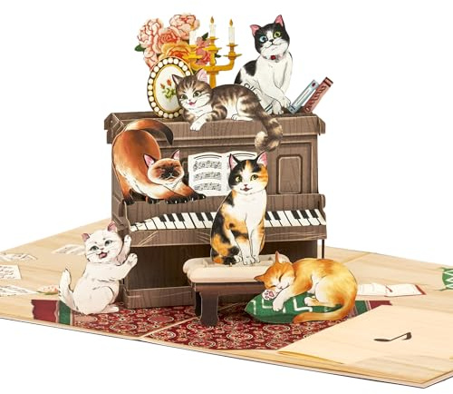 POPWOW Lovely Cats on Piano Pop Up Card, Funny, Cute, Cat Themed, 3D Greeting Card, Ideal Gifts for Cat Lover, Birthday, Valentines, Mother's Day, Kids, 5x7 - Includes Envelope And Message Note