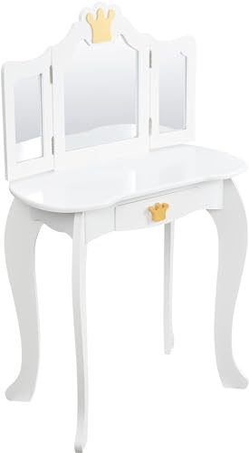 LUNSY 2-in-1-Prinzessin-Schminktisch für Kinder – Schminktisch mit Spiegel, Hocker, dreifach klappbarem Spiegel und Schublade – Holz-Schminktisch zum Spielen für Kleinkinder