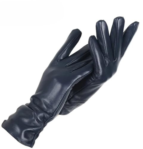 Modische Winter-Lederhandschuhe, kurze Lederhandschuhe, Damen, Handgelenkstraffung, Design, Winter-Lederhandschuhe für Damen, marineblau, 8.5
