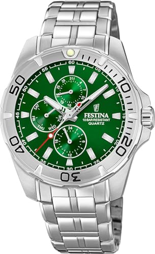 Festina Montre Homme Analogique en Acier Inoxydable 316L Argenté - Mouvement Quartz - Verre Minéral Haute Résistance - Étanche 10 ATM - Casual - Multifonction F20445/7