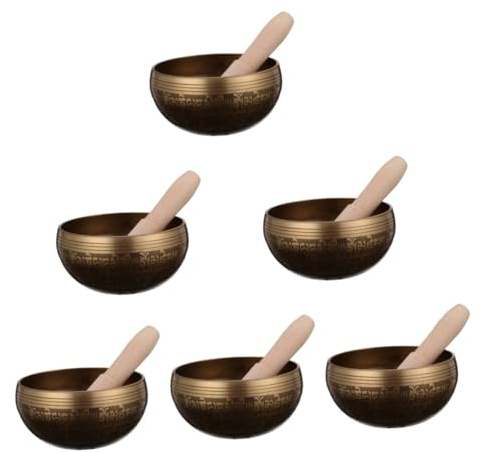 6 Sets Klangschale Klangbad Schalen Tibetische Palmenschale Meditationsschale mit Stabglocke Yoga Meditationsschale Yogaschale mit Stab Heilkristalle Chakra Schalen Kupfer Nepal Tragbar