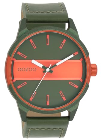 Oozoo Timepieces Herren Uhr in Grün/Flou Orange metallic | Armbanduhr Herren mit Lederarmband | Schöne Uhr für Männer | Edle Analog Herrenuhr (48mm Gehäuse) in rund C11318
