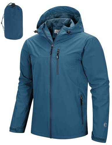 Outdoor Ventures Regnjacka för män, vattentät, ventilerande, cykeljacka, packbar, utomhusjacka, lätt vindjacka med huva, Stålblå/blå, XXL