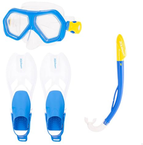 AKTIVE Tuba et Palmes Colorbaby Aqua Sport pour Enfants, Masque à Gouttes, Ajustement Facile, sans Latex, Palmes Réglables 27-31, Tube de Protection, lentilles en Polycarbonate