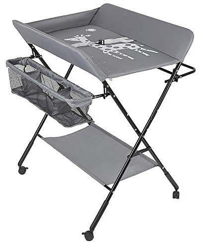 YUMZXIN Wickeltisch faltbar, Wickeltisch mit Aufbewahrungskorb, Sicherheitsgurt und 4 Rollen mit Bremse, Giraffenmuster, höhenverstellbar 92 – 95 – 98 cm (grau)