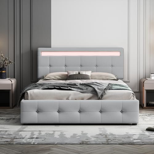 MSMOK Polsterbett 140 x 200 cm mit LED, Einzelbett mit Kopfteil & 4 Schubladen, Lattenrost & Bettkasten auf Rollen, Leinen-Oberfläche Kinderbett Jugendbett Gästebettb (ohne Matratze) (grau)