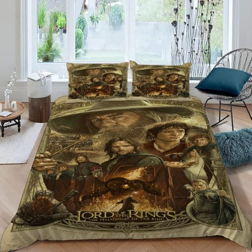 LORDOS Housse de Couette Le Seigneur des Anneaux 90X200 cm avec 2 Taie d'oreiller 50X75cm, 3 Pièces Parure De Lit 1 Personnes en Microfibre avec Fermeture Éclair, 3D Imprimé Motif