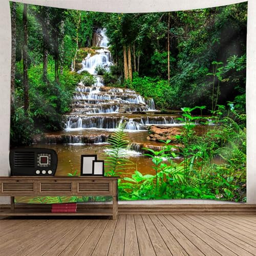 Daesar Tenture Murale 350x256CM, Tapisserie Decoration Murale Paysage de Cascade Forêt Tapisseries Decoration Murales pour Maison Salon Chambre Dortoir, Vert Marron