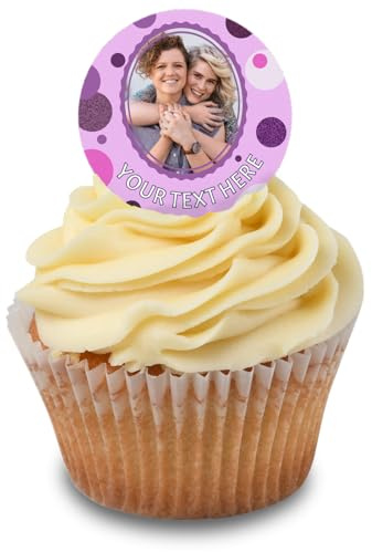 Cakeshop Cupcake Personalisierte Essbare Kuchenaufleger Mit Rosa & Lila Kreisrand & Text | Personalisieren Mit Ihrem Bild & Text | Für Geburtstage & Feiern | Zuckerguss- oder Oblatenpapieroptionen