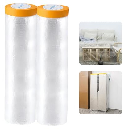 HTRTRR Selbstklebende Abdeckfolie 2 Rollen – Transparentes Abdeckband mit Folie für Renovierung, Möbel & Wände – Staub- & Farbspritzschutz – 4m x 20m pro Rolle