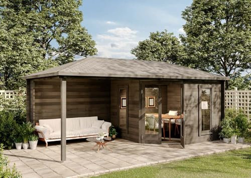 Alpholz 5-Eck Gartenhaus Liwa Gartenhaus aus Holz in Grau, Holzhaus mit 28 mm Wandstärke inklusive Terrasse, Blockbohlenhaus mit Montagematerial