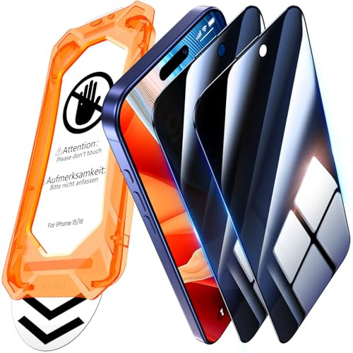 UniqueMe für iPhone 15/16 für Panzerglas Sichtschutz - 2 Stück Schutzfolie | Privacy Displayschutz, Auto Installation, Bruchsicher Militärniveau, 9H-Härte, Anti-Kratzer Bläschenfrei, Anti Spy Folie