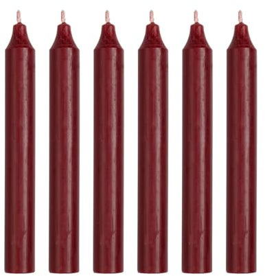6er Pack Rustikale Stabkerzen H:18 cm Ø:2,2 cm Brenndauer 8 Stunden Tafelkerzen, Farbe:Bordeaux