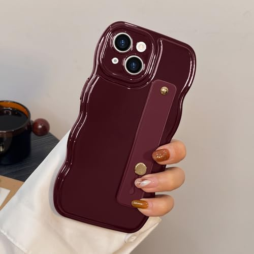 LAPOPNUT for iPhone 15 Case With Wrist Strap,Adjustable Wristband Finger Holder Kickstand Phone Case for Women Girls,Cute Curly Wave Frame Shape TPU Cover for iPhone 15 6.1,Wine Red