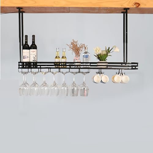 Glasvitrine zur Deckenmontage, höhenverstellbar, Hängeregal für Kelch, Stielgläser und Tassen, Vintage, Schwarz (80 cm)