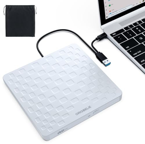 ORIGBELIE Masterizzatore DVD Esterno USB 3.0 Type-C 13mm Ultra Slim CD DVD +/-RW Drive, Plug & Play Lettore CD Esterno per PC Portatile Desktop Windows 11/10/8/7 Linux Mac OS (Bianco)