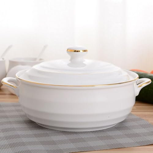 DOPZNJWF Soupière en Céramique avec Couvercle Et Cuillère, Grande Capacité, Mangeoire De Service avec Poignées Doubles pour La Cuisine, en Porcelaine, Au Micro-Ondes Et Au Lave-Vaisselle,B