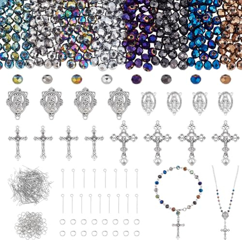PH PandaHall 726 Stück Ostern Rosenkranz Schmuck Basteln Kit Gebet Herstellung Zubehör Kristallglasperlen AB Farbe Lose Perle Kreuz Anhänger für Ostern Ramadan Schmuckherstellung Halskette Armband
