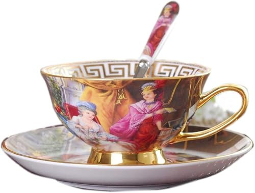 Tazas de café expreso con platillos, taza de té de porcelana fina vintage, juego de tazas de café europeas, 1 juego de taza y platillo de pintura antigua, taza de café de cerámica de porcelana de hues