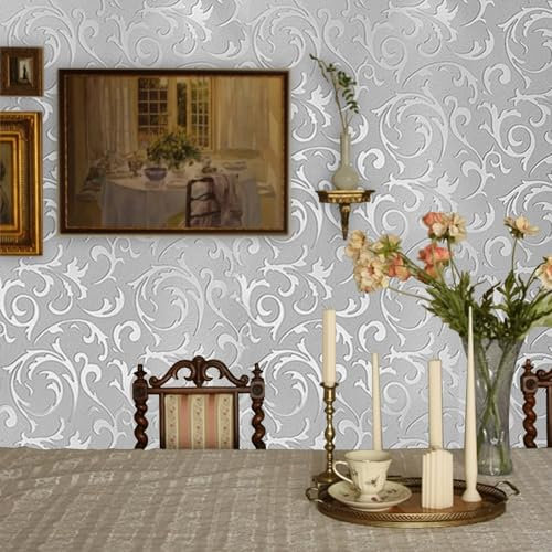 Trafagala 21inches x 33feet 3D Embossed Silver Grey Non-Woven Wallpaper Glitter Under The Light Retro Damask Leaf Textured Wallpaper Baroque Ornament Wall for Livingroom Bedroom Hallway