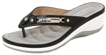 Modische Freizeit-Sandalen für Damen, Outdoor-Flip-Flops, Strandkeile, Hausschuhe, Sandalen für Damen, Mopp-Hausschuhe für Damen, waschbar, Schwarz , 37 EU