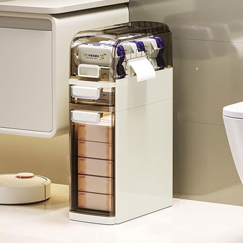 18 cm schmaler Aufbewahrungsschrank für kleine Räume, wasserdichter Badezimmer-Bodenschrank mit Schubladen und Toilettenpapierhalter, perfekt für Küchenspalten und wichtige Dinge