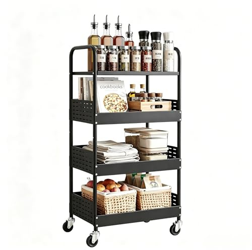 ZenMaarket 4-Etagen-Rollwagen aus Metall, abschließbare Räder, schwarz | Platzsparender Schwerlast-Rollwagen für Beauty, Basteln, Bücher, Tee, Kunst, Gemüse+Snacks, ideal für Bad, Küche, rollbar.