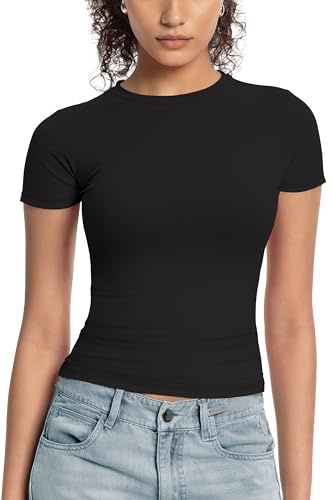 Womens Basic Casual Short Sleeve T-Shirts - Y2k Scoop Neck Summer Crop Tops Slim Fit Tees Black