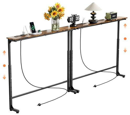 GRLEAF 2 Pack Adjustable Height Narrow Console Table with Power Outlets, 78.7 Long Sofa Table with Charging Station Behind Couch Table Entryway Table for Living Room and Hallway – Rustic Brown