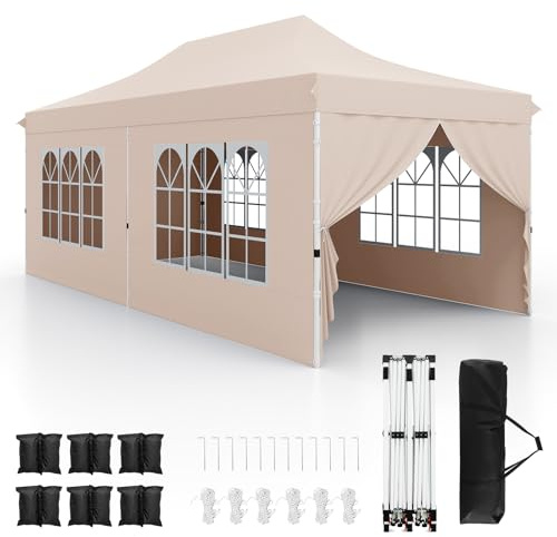 HOMASIS Faltpavillon 3x6m, Pop up Pavillon mit 6 Seitenwänden & 6 Sandsäcke & Tragetasche, Wasserdichter Stabil Winterfest, UV-Schutz 50+, Gartenpavillon Partyzelt höhenverstellbar (Beige)