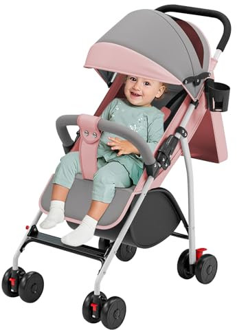 Passeggino a canna compatto, con posizione allungata, dalla nascita a 4 anni (fino a 25 kg), divano, con zanzariera, portabicchieri, rosa